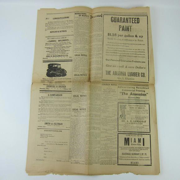The Ansonian Newspaper Ansonia Darke County Ohio Thursday May 1927 Antique RARE - Picture 13 of 16